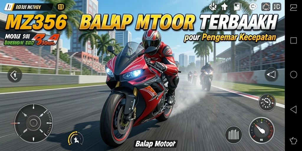 Tampilan antarmuka MZ356 menampilkan aksi balap motor yang mendebarkan.